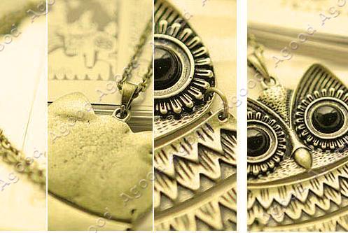   Vintage Copper Lovely Eye Gold Owl Pendant Necklace Antique Golden