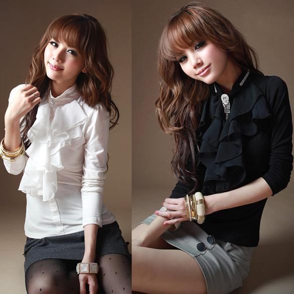 Womens-Chiffon-Frilled-High-Collar-Tops-Blouse-Rhinestone-T-shirts-White-Black