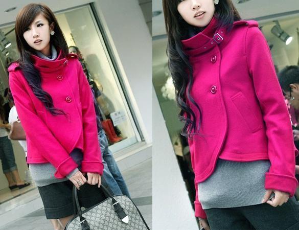 Korea Women Lady Fashion Single Breasted Turtleneck Wool Jacket Coat 